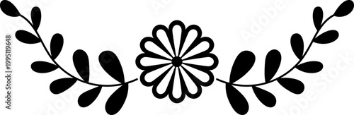Minimal flower with leaves and branches, floral vignette black, folk decorative clipart for design, copy space