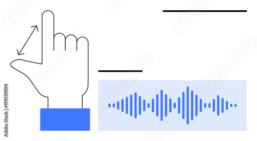 Gesture control. Hand signals demonstrate motion recognition with audio wave interaction. Gesture control technology enhances interactive experiences. For UX design, AR, accessibility, automation, AI