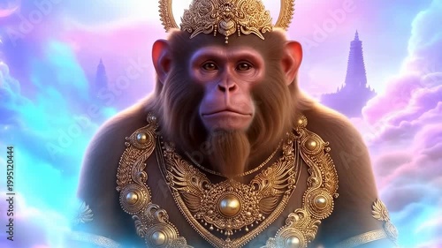Majestic monkey deity adorned with intricate golden jewelry against a mystical background. Symbolizes strength, wisdom, and cultural heritage