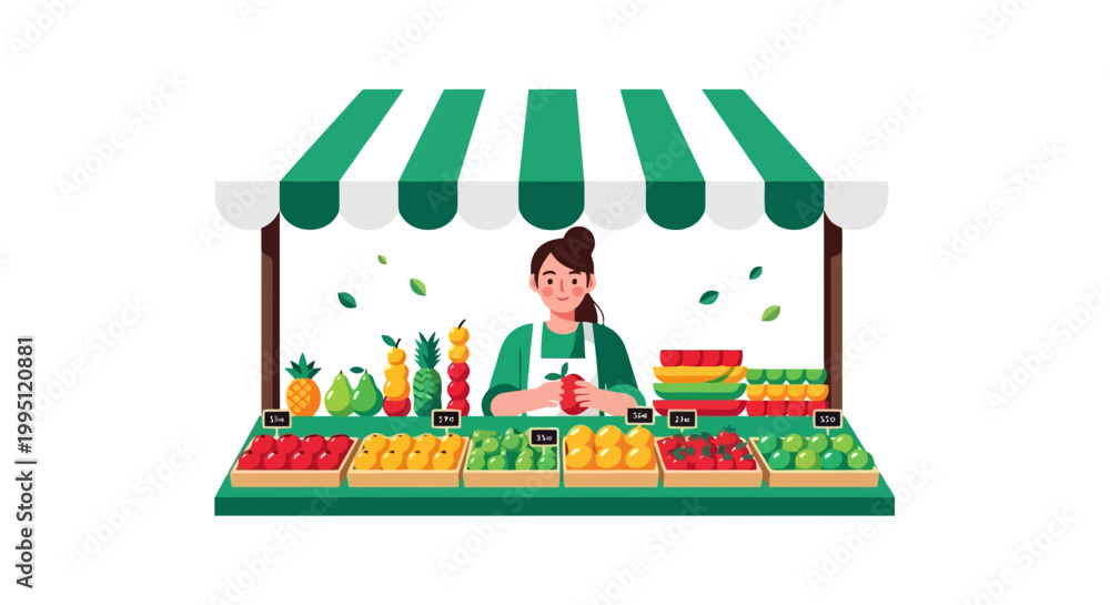 Naklejka premium Female Vendor Selling Fresh Fruits and Vegetables at a Market Stall.