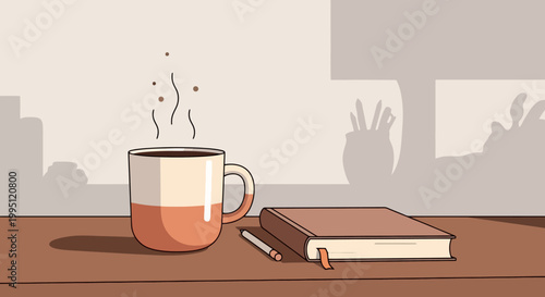 Steaming coffee mug and closed book on a wooden table.