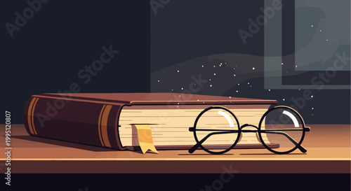 Old Book with Round Glasses on a Wooden Table.