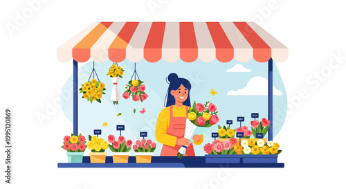 Female florist arranging flowers at a vibrant flower shop stall.