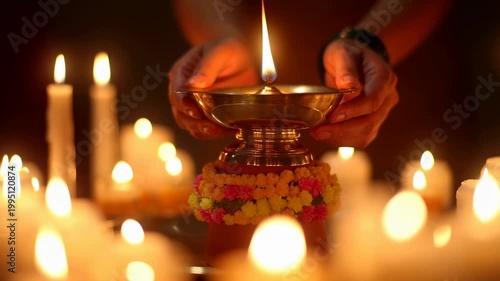 Hands holding a traditional oil lamp surrounded by glowing candles. Symbolizes spirituality, rituals, and celebration in cultural practices