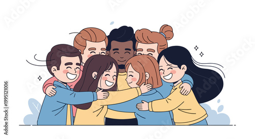 Diverse group of happy friends embracing each other with joy and unity.