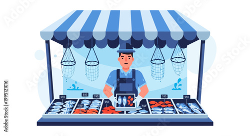 Fishmonger selling fresh seafood at a market stall.