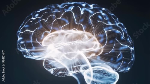Abstract representation of a human brain with glowing neural connections. Visualizing cognitive processes and the complexity of human thought