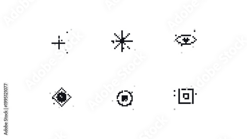 Pixel noise symbol variants with plus sparkle eye diamond ring and square motifs for abstract technology layouts, UI decoration, digital overlays, and retro interface art.