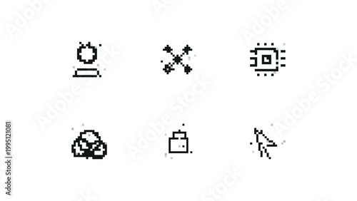 Pixel noise tech icon variants with profile network chip cloud lock and cursor motifs for digital product interfaces, cybersecurity concepts, data systems, and web design.