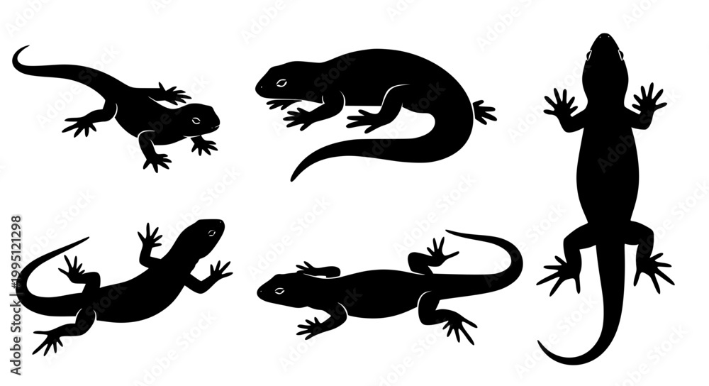 Obraz premium Lizard Silhouette Vector Set Animal Reptile Poses Black Illustration Collection