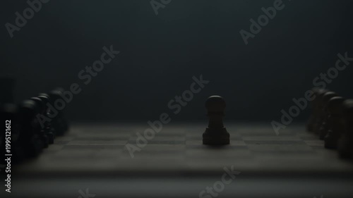 Cinematic close-up of a hand moving a chess piece in a dark atmospheric room. Low-key lighting highlights strategy, planning, and intellectual competition. Dramatic silhouette of a chess game.