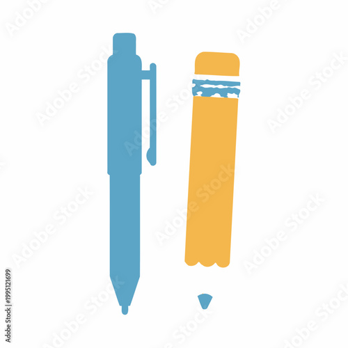 Blue ballpoint pen and yellow pencil icon on white background