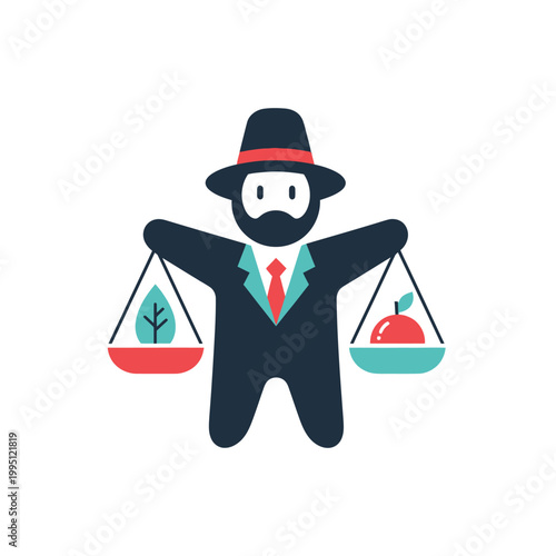 Businessman balancing leaf and apple on scales, concept of balance and choice
