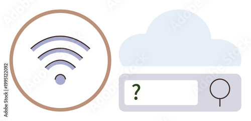 Digital services, online search, cloud computing, data access, internet browsing, wireless networking. wireless icon next to cloud and search bar with question mark. Digital services and cloud
