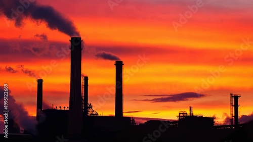 Industrial smokestacks silhouetted against a vibrant sunset sky. Represents the intersection of industry and nature, highlighting environmental impact