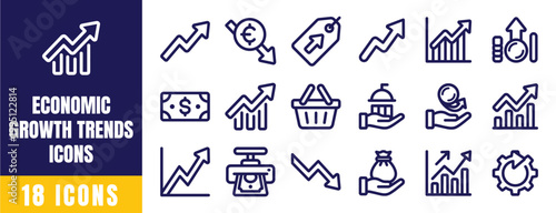 Economic Growth Trends Icons Set – Rising Market, Investment, Revenue, Profit, Upward Chart Outline Vector