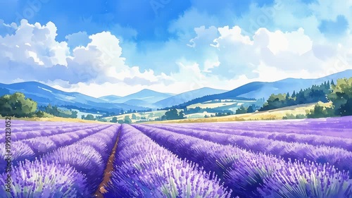 Vast blooming lavender fields leading toward distant mountains beneath blue sky watercolor painting illustration