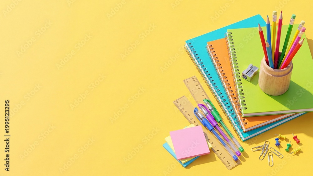 Fototapeta premium Colorful school supplies on yellow background. Notebooks pencils rulers and stationery arranged in flat lay. Back to school essentials for education and learning concept