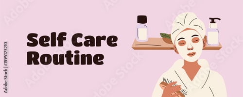 Self Care Routine Banner with Woman Brushing Hair, Personal Care Wellness Lifestyle Illustration