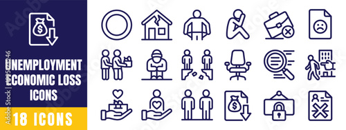 Unemployment Economic Loss Icons Set – Job Loss, Finance Crisis, Poverty, Stress, Work Outline Vector