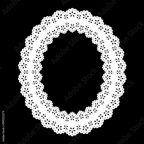Vintage eyelet lace doily oval picture frame, white on black. Decorative scallop border and stencil with copy space for pictures, albums, scrapbooks, holidays.