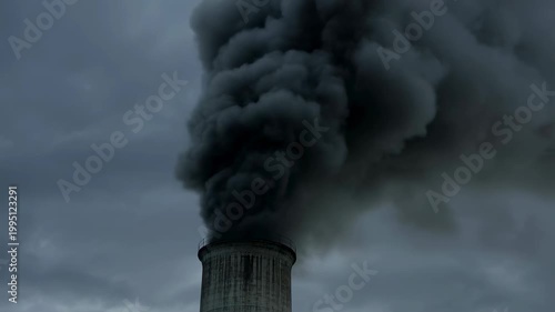 Industrial smokestack emitting thick black smoke against a cloudy sky. Represents environmental pollution and industrial impact on air quality