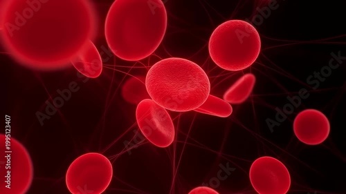 Close-up of red blood cells moving through a dark background. Visual representation of human circulation and the vital role of blood in health and life