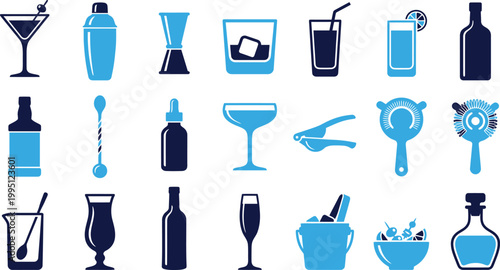 Cocktail glasses and bar tools collection for beverage and mixology presentation.