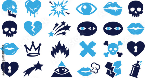 Graphic icons of skull heart lips spray can broken shapes for edgy modern design.