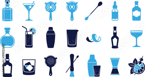 Collection of bar tools and cocktail glasses in blue and white colors on white background vector illustration.