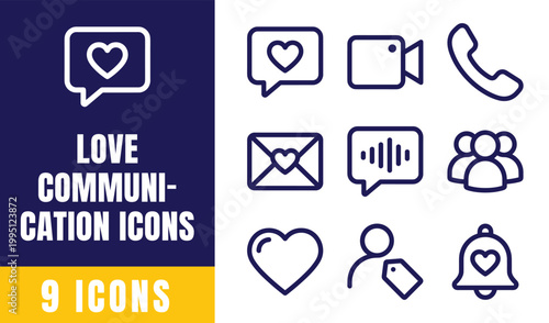 Love Communication Icons Set – Heart, Message, Video Call, Bell, Romance, Chat Outline Vector