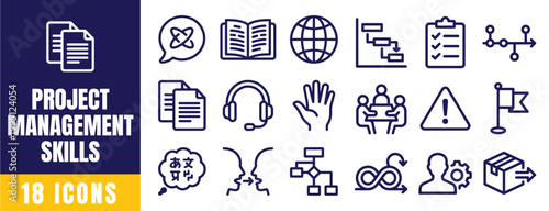 Project Management Skills Icons Set – Planning, Task, Team, Risk, Milestone, Workflow Outline Vector