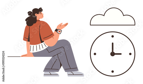 Time management, digital technology, cloud services, productivity, remote work, smart devices. A woman looking at her smartwatch near clock and cloud icon. Time management and digital technology