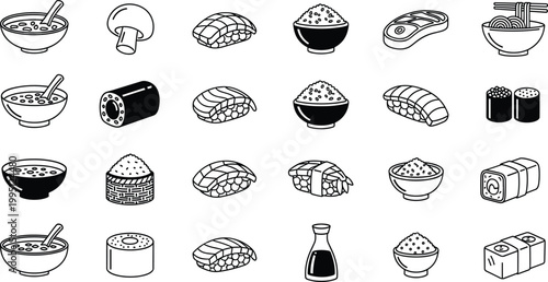 Japanese Cuisine Food Icon Set Featuring Sushi Rolls, Miso Soup Bowls, Nigiri, Rice Dishes, Soy Sauce, and Ramen Noodles for Restaurant Menus and Digital Culinary Designs