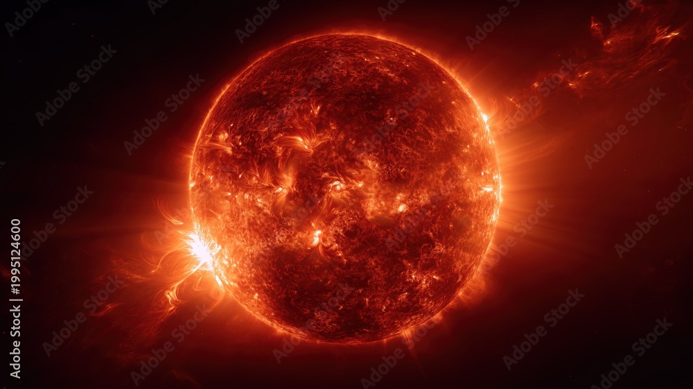Fototapeta premium 燃え盛る太陽の表面が詳細に写っている画像。宇宙や天文学関連の資料や解説に適した素材