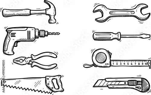 hand drawn tools set, hammer wrench screwdriver pliers drill saw knife tape measure, vintage sketch construction equipment vector illustration isolated on transparent background