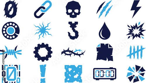 Assortment of edgy icons featuring broken numbers chains skulls lightning and digital readouts blue tones.