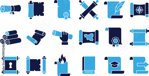 Collection of vintage scroll icons representing documents letters maps and historical artifacts.