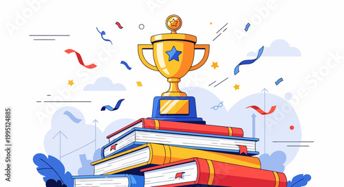 Golden Trophy Resting on Stack of Books.