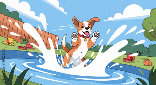 Happy dog jumping into water splashing joyfully.