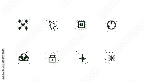 Pixel noise micro interface icons set with node cursor chip orbit cloud lock cross and star symbols for cybersecurity dashboards, data systems, software UI, and web products.
