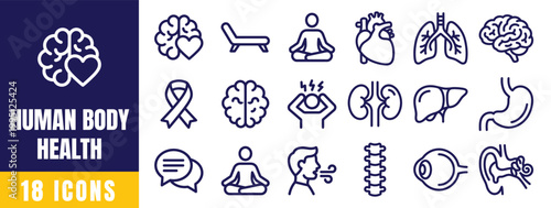 Human Body Health Icons Set – Anatomy, Brain, Heart, Lungs, Organ System Medical Outline Vector