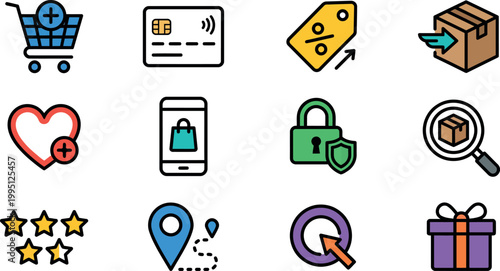 Colorful E-commerce and Online Shopping Line Icon Set. Vector Symbols of Cart, Credit Card, Delivery Box, Discount, and Mobile.