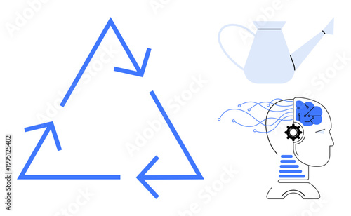 Recycling, artificial intelligence, sustainability, eco-friendliness, innovation, renewable energy. Triangle of arrows for recycling, watering can human brain with circuits. Recycling and AI