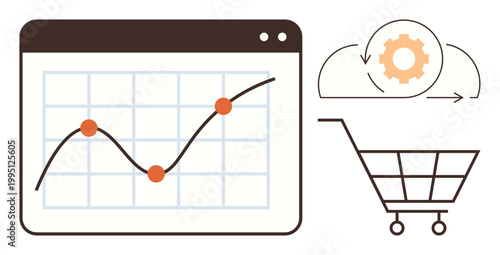 E-commerce analytics, online shopping, market trends, data integration, sales growth, digital transactions. Line chart, cloud gear and shopping cart symbols. E-commerce and market trends concept