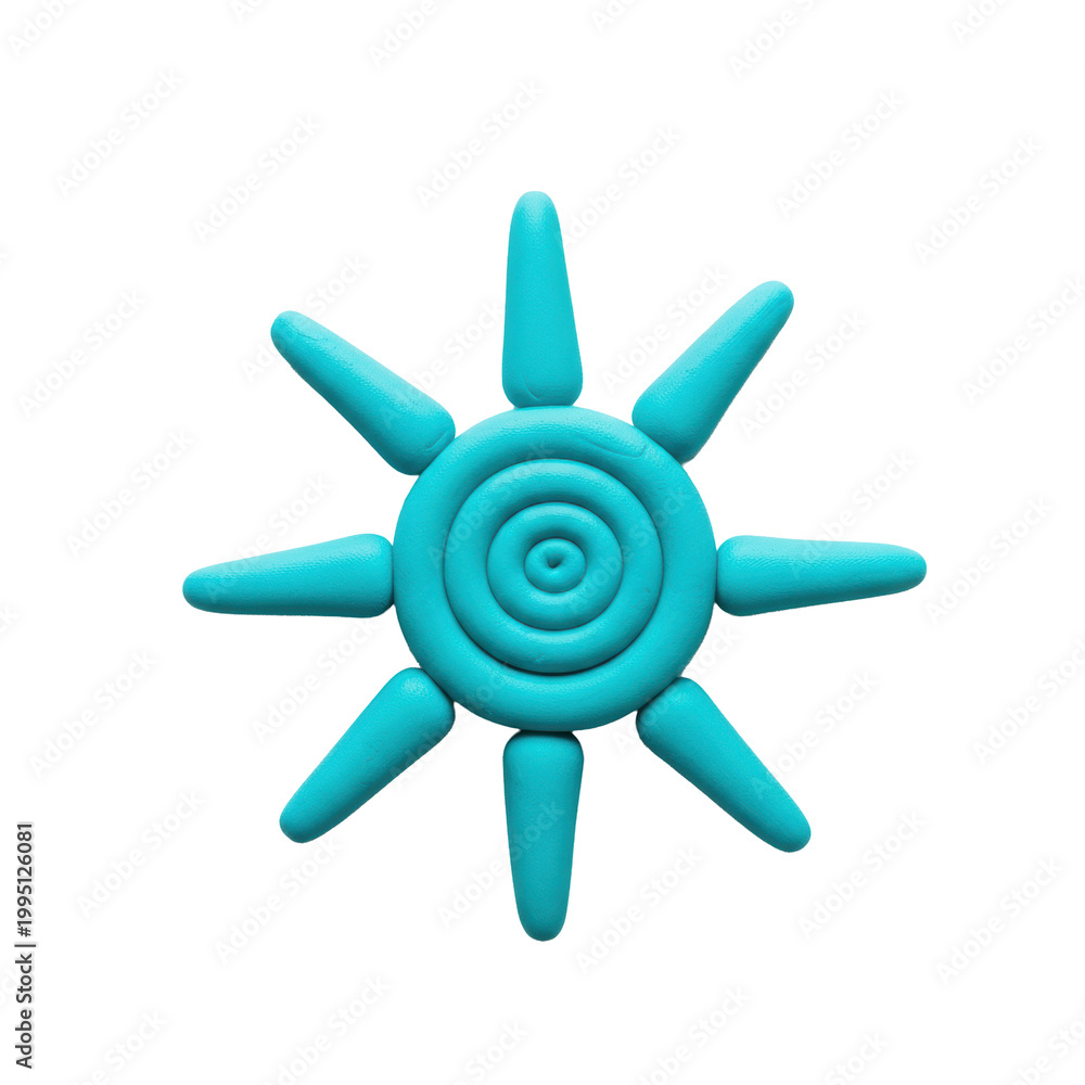 Fototapeta premium macro close-up of a single, handcrafted turquoise modeling clay sun symbol with a spiral center and textured, uneven rays, isolated on a transparent background, conveying a playful summer concept
