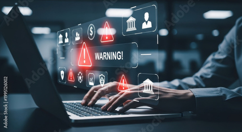 Businessman with financial warning icons and alert symbols, cybersecurity risk and fraud detection concept, online banking security, data breach prevention, financial compliance monitoring
