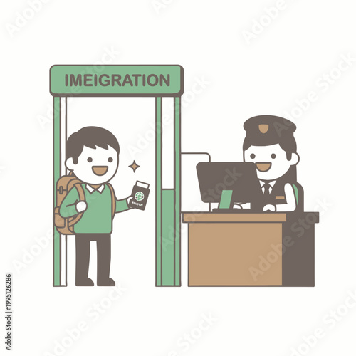 Traveler showing passport at immigration checkpoint with officer at desk