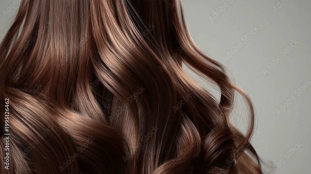 Fototapeta premium 光沢のある茶色の髪が美しくウェーブしている状態。ヘアケアや美容関連のイメージに適した髪の毛のアップ写真。