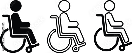 Accessibility signage wheelchair user silhouettes depicting various positions and mobility assistance